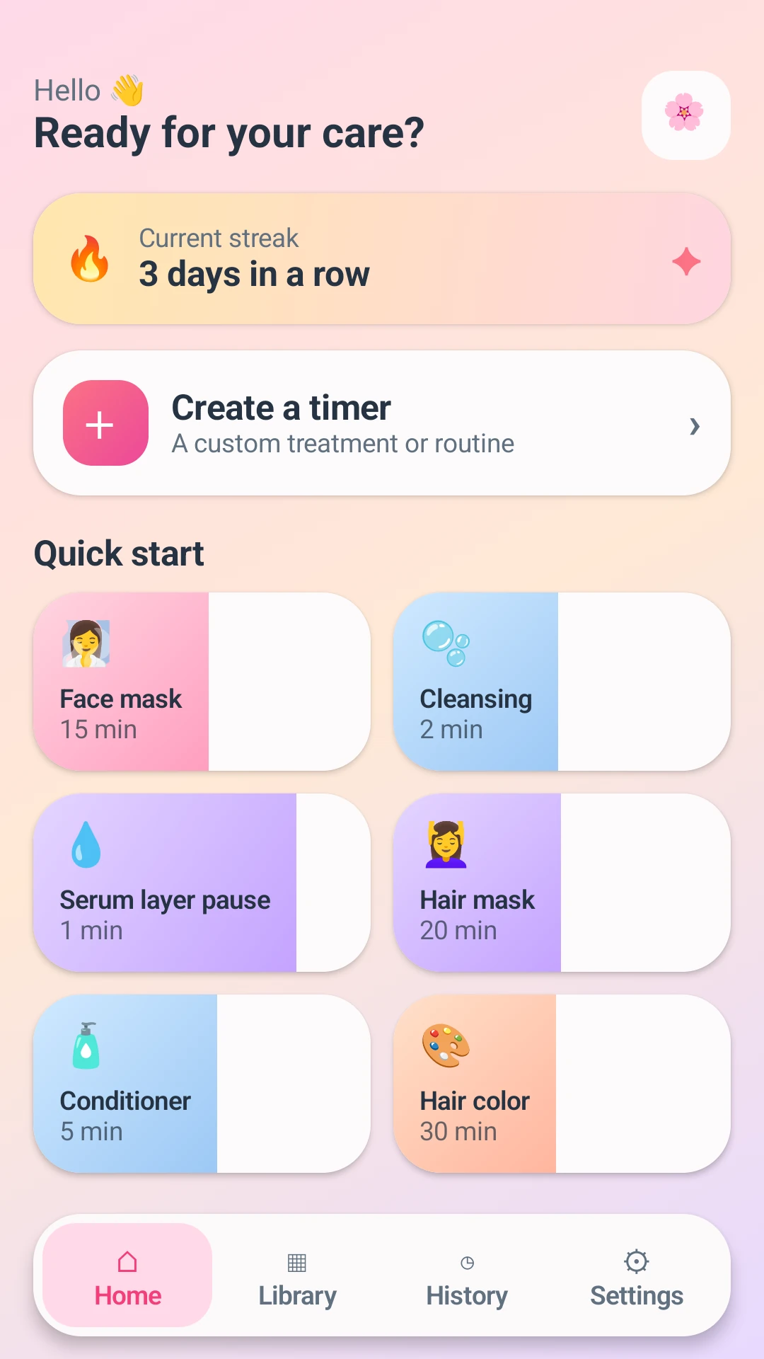Beauty Timer home screen