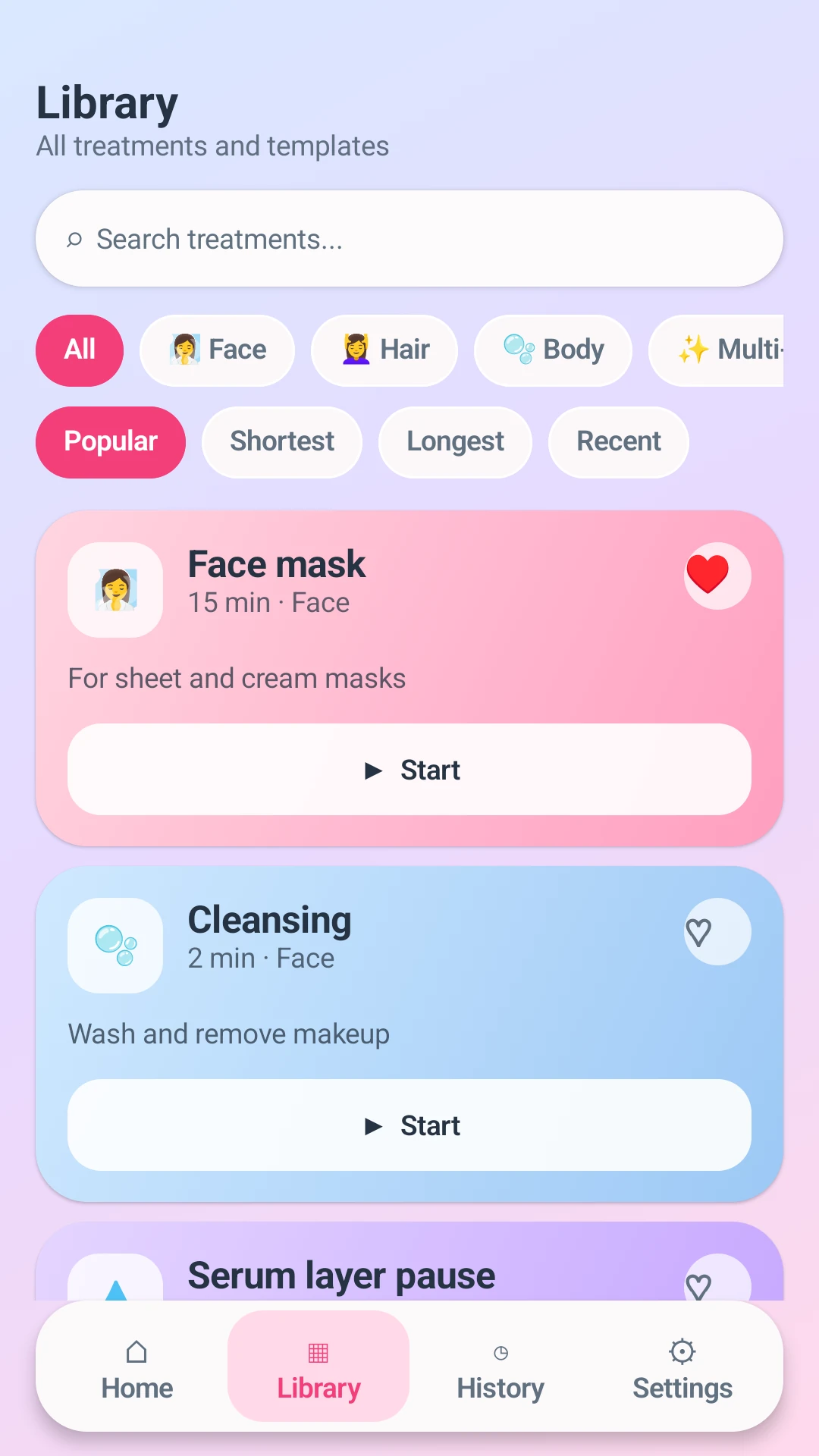 Beauty Timer library screen